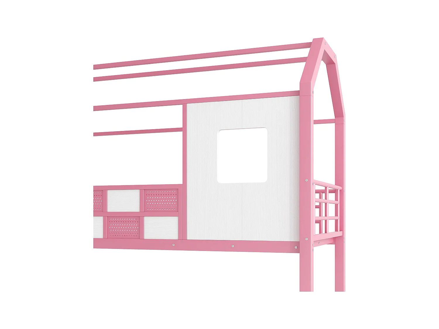Cama alta de metal 90x200 cm - Com escada com armazenamento - Com barras de segurança - Design de telhado - Rosa