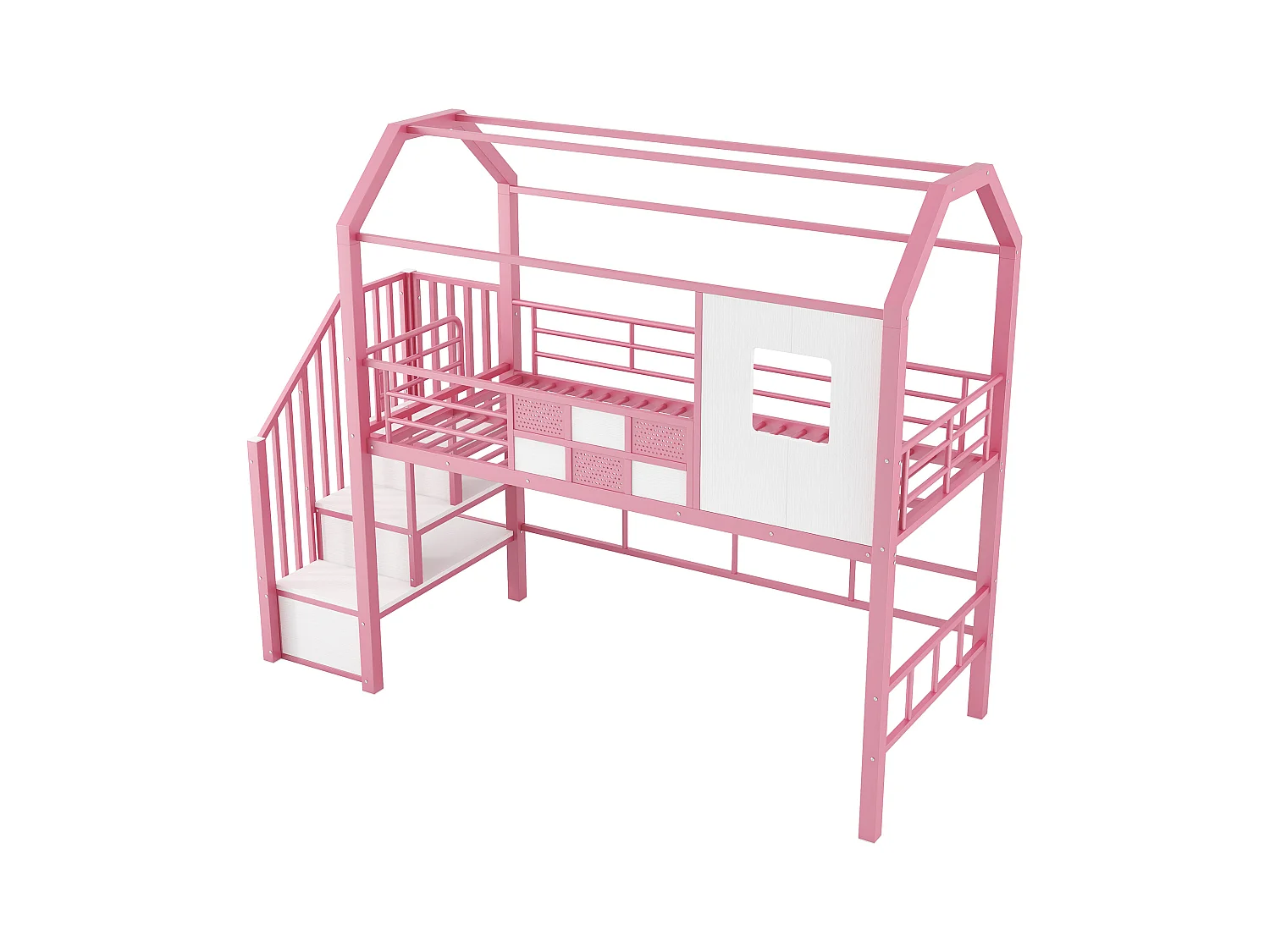 Cama alta de metal 90x200 cm - Com escada com armazenamento - Com barras de segurança - Design de telhado - Rosa