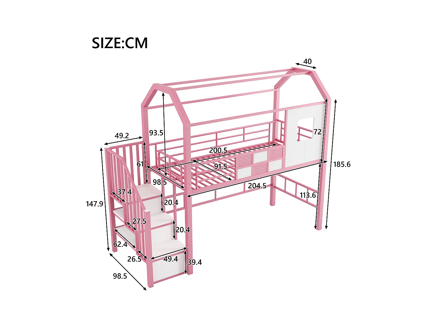 Cama alta de metal 90x200 cm - Con escalera de almacenamiento - Con barreras de seguridad - Diseño de techos - Rosa