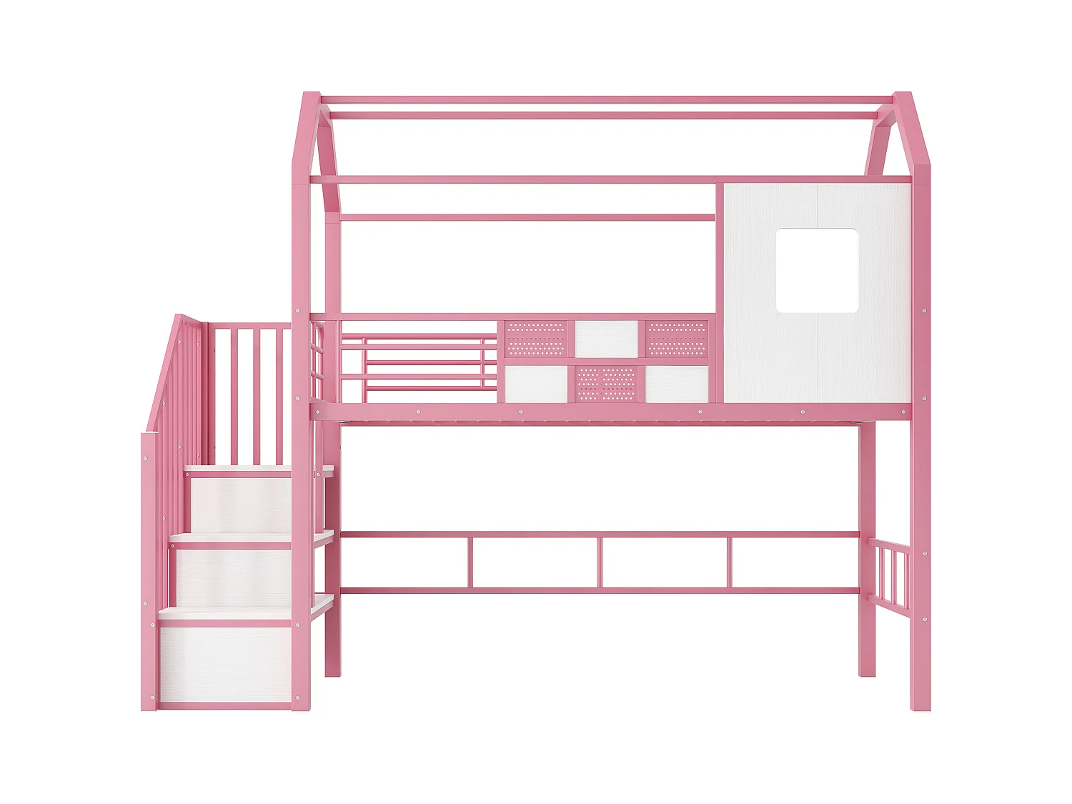 Cama alta de metal 90x200 cm - Con escalera de almacenamiento - Con barreras de seguridad - Diseño de techos - Rosa