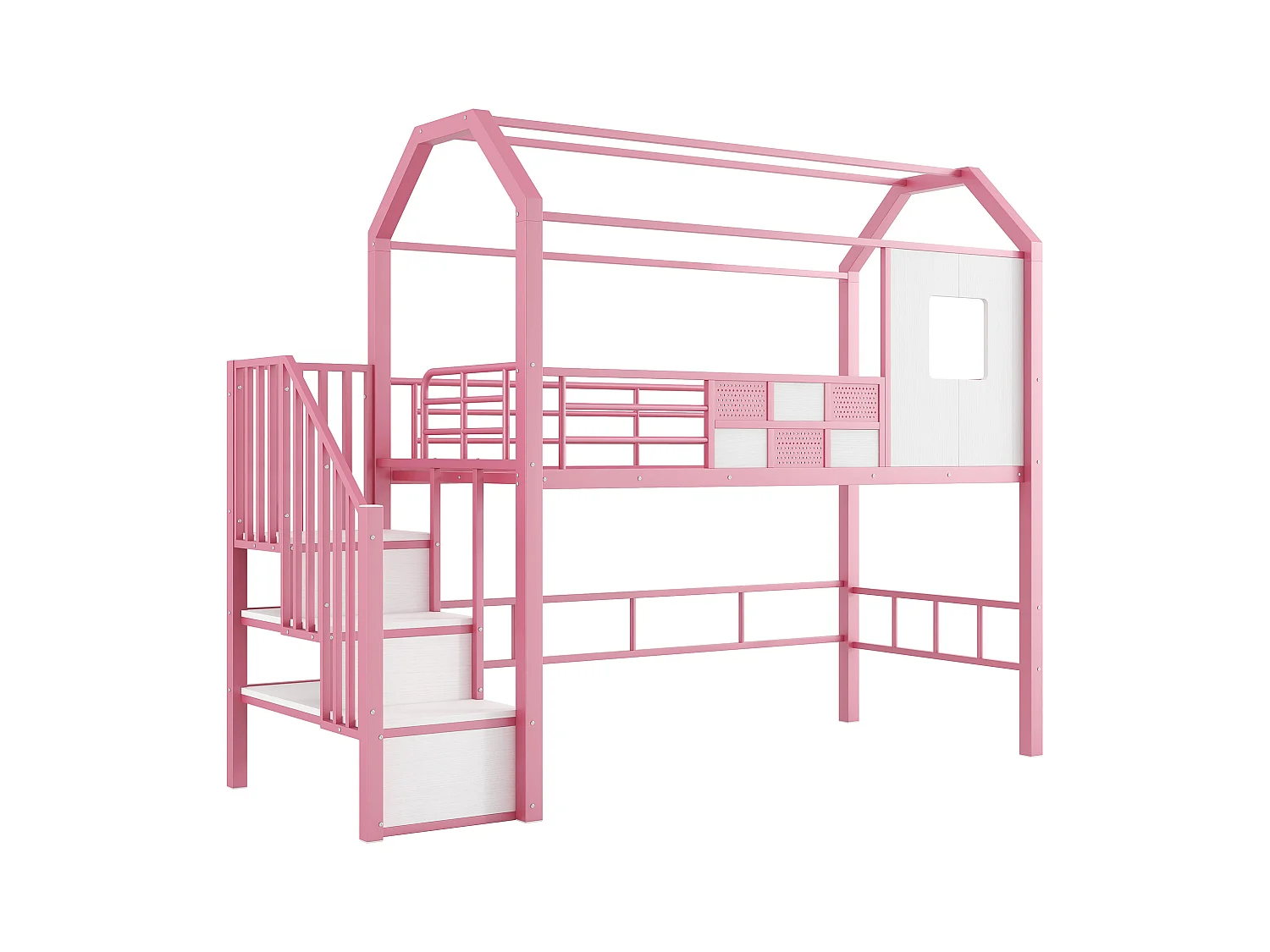 Cama alta de metal 90x200 cm - Con escalera de almacenamiento - Con barreras de seguridad - Diseño de techos - Rosa