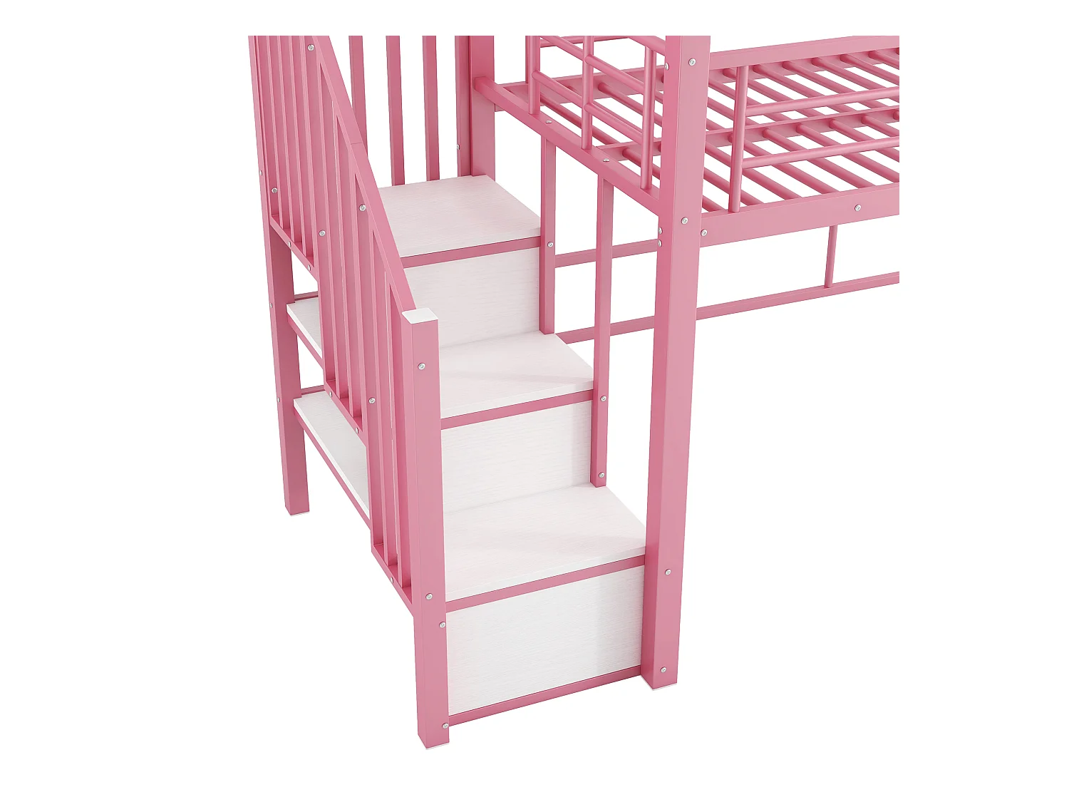 Cama alta de metal 90x200 cm - Con escalera de almacenamiento - Con barreras de seguridad - Diseño de techos - Rosa