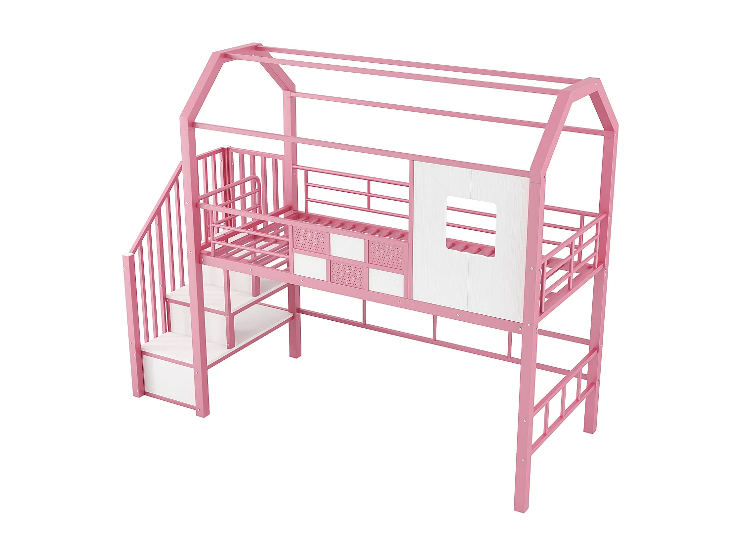 Lit mezzanine en métal 90x200 cm - Avec escalier de rangement - Avec barrières de sécurité - Design toit - Rose