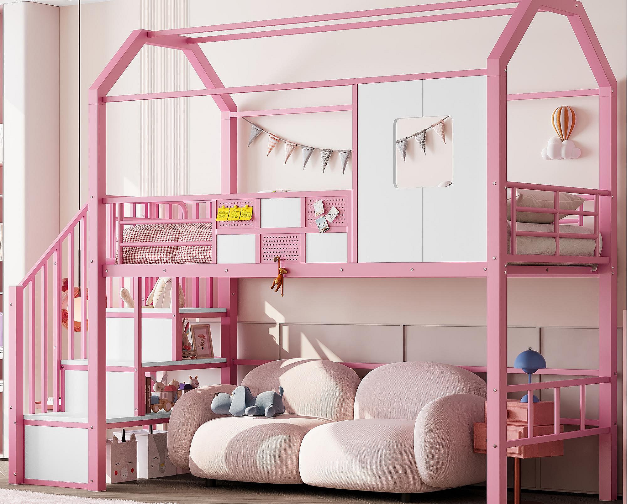 Lit Mezzanine Enfant 90x200 Cm En Pin - Design Cabane Avec Toit, Barrières De Sécurité Et échelle 3 Marches - Blanc Et Naturel