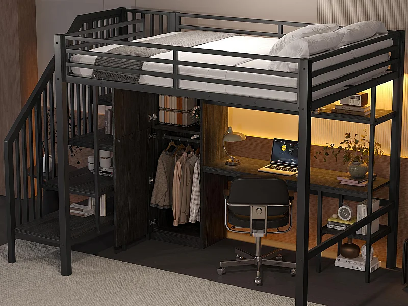 Lit mezzanine en métal 140x200 cm - avec bureau et penderie - escalier de rangement - avec éclairage LED - Noir