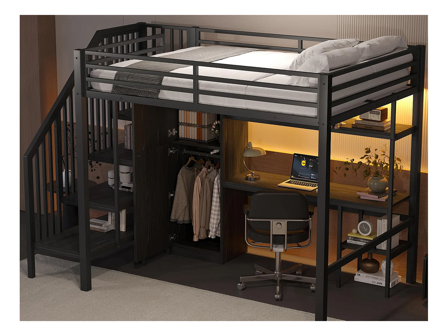 Lit mezzanine en métal 140x200 cm - avec bureau et penderie - escalier de rangement - avec éclairage LED - Noir