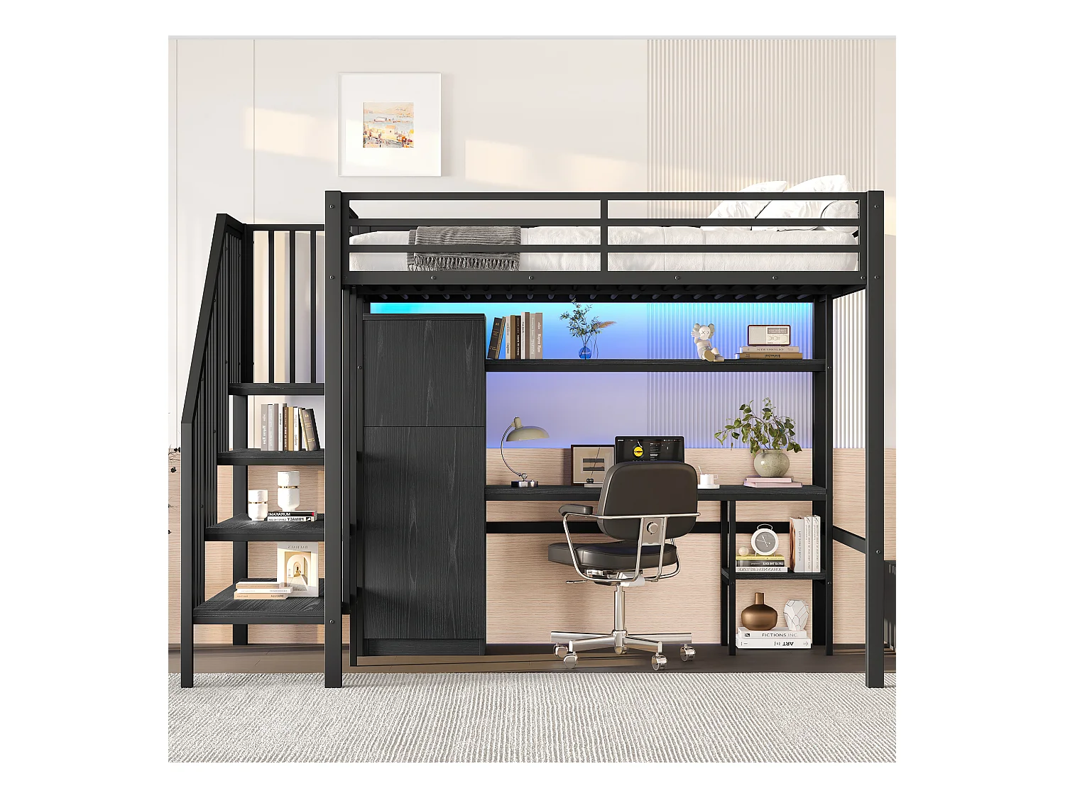 Lit mezzanine en métal 140x200 cm - avec bureau et penderie - escalier de rangement - avec éclairage LED - Noir