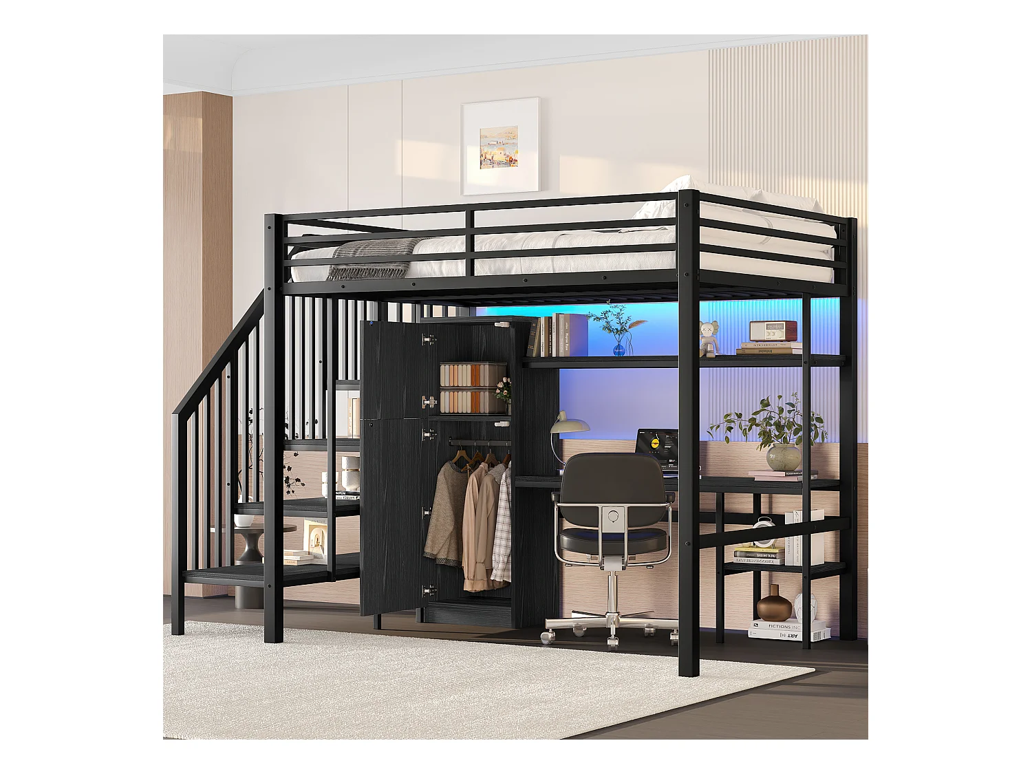 Lit mezzanine en métal 140x200 cm - avec bureau et penderie - escalier de rangement - avec éclairage LED - Noir