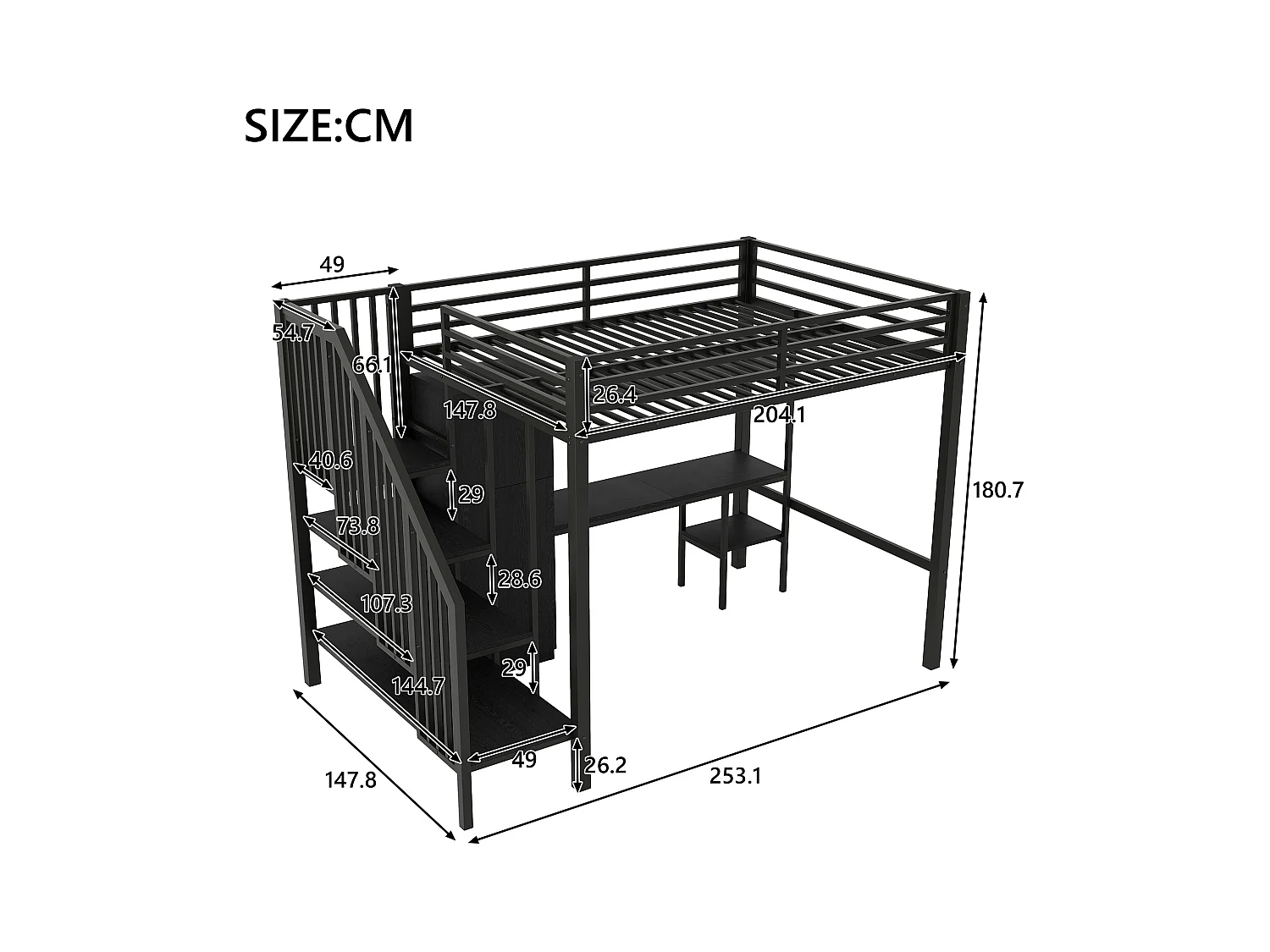 Lit mezzanine en métal 140x200 cm - avec bureau et penderie - escalier de rangement - avec éclairage LED - Noir