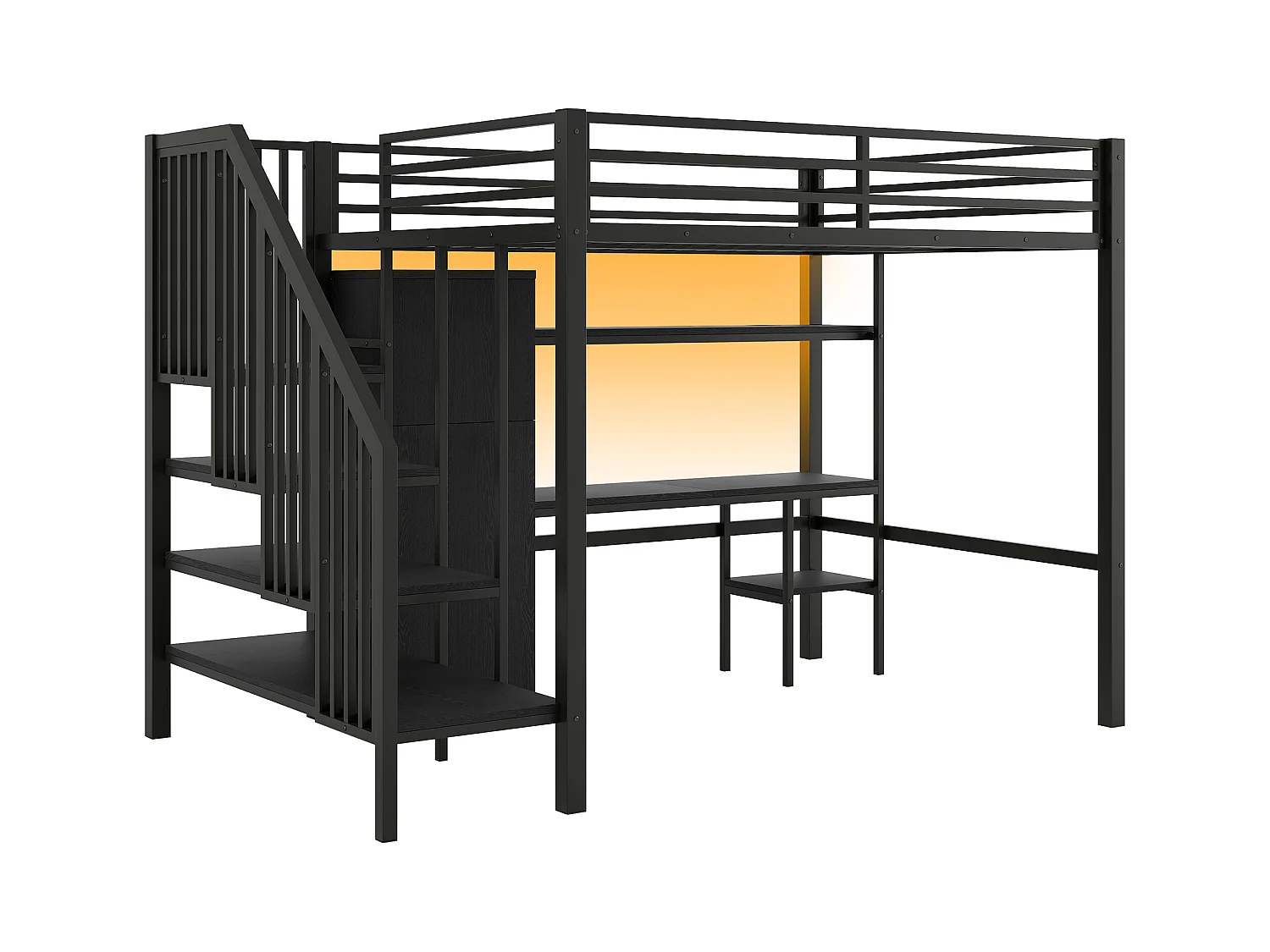 Lit mezzanine en métal 140x200 cm - avec bureau et penderie - escalier de rangement - avec éclairage LED - Noir