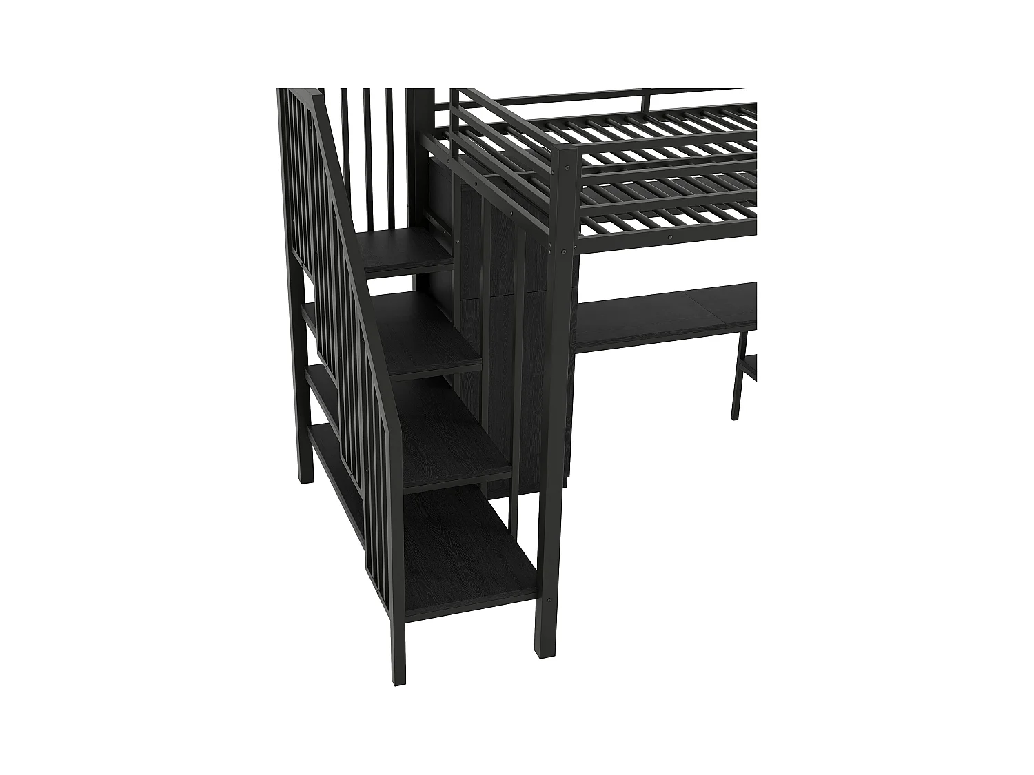 Lit mezzanine en métal 140x200 cm - avec bureau et penderie - escalier de rangement - avec éclairage LED - Noir