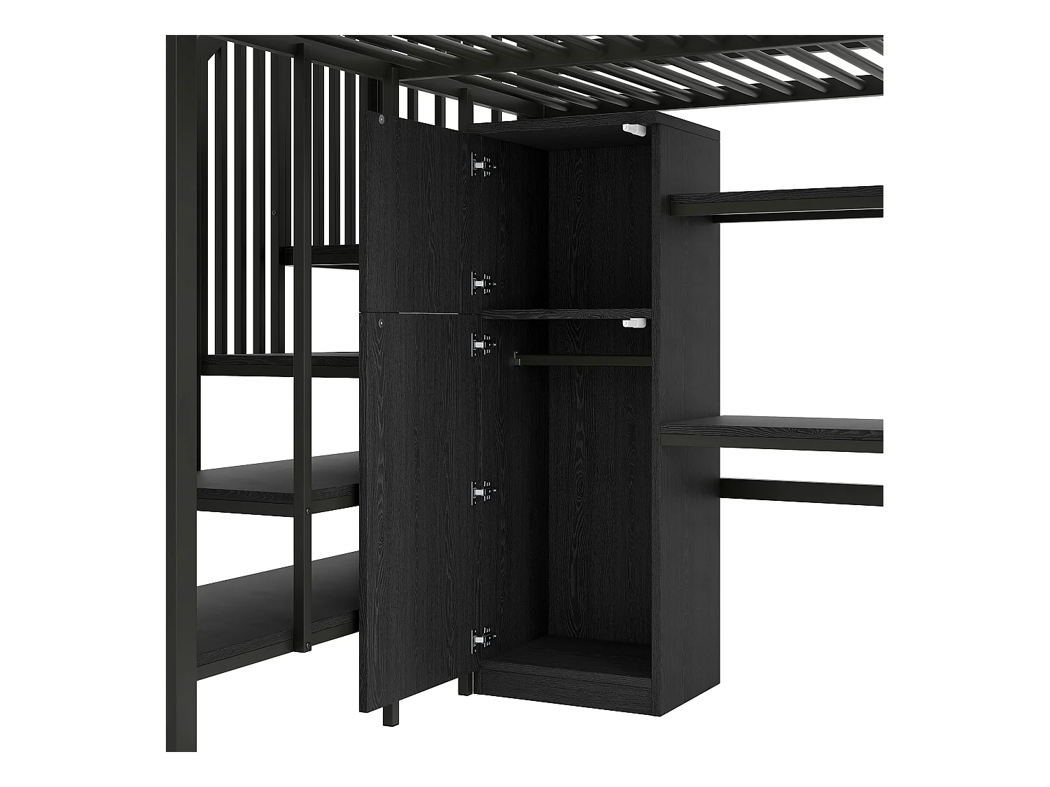 Lit mezzanine en métal 140x200 cm - avec bureau et penderie - escalier de rangement - avec éclairage LED - Noir