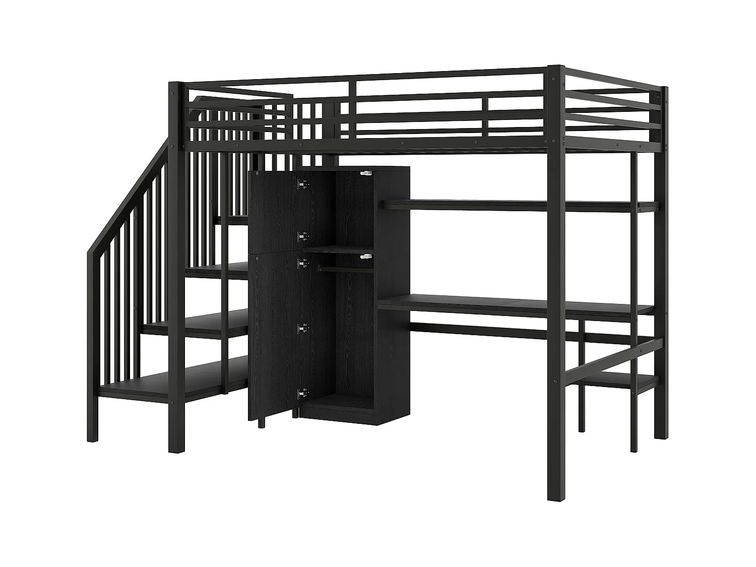 Lit mezzanine en métal 140x200 cm - avec bureau et penderie - escalier de rangement - avec éclairage LED - Noir