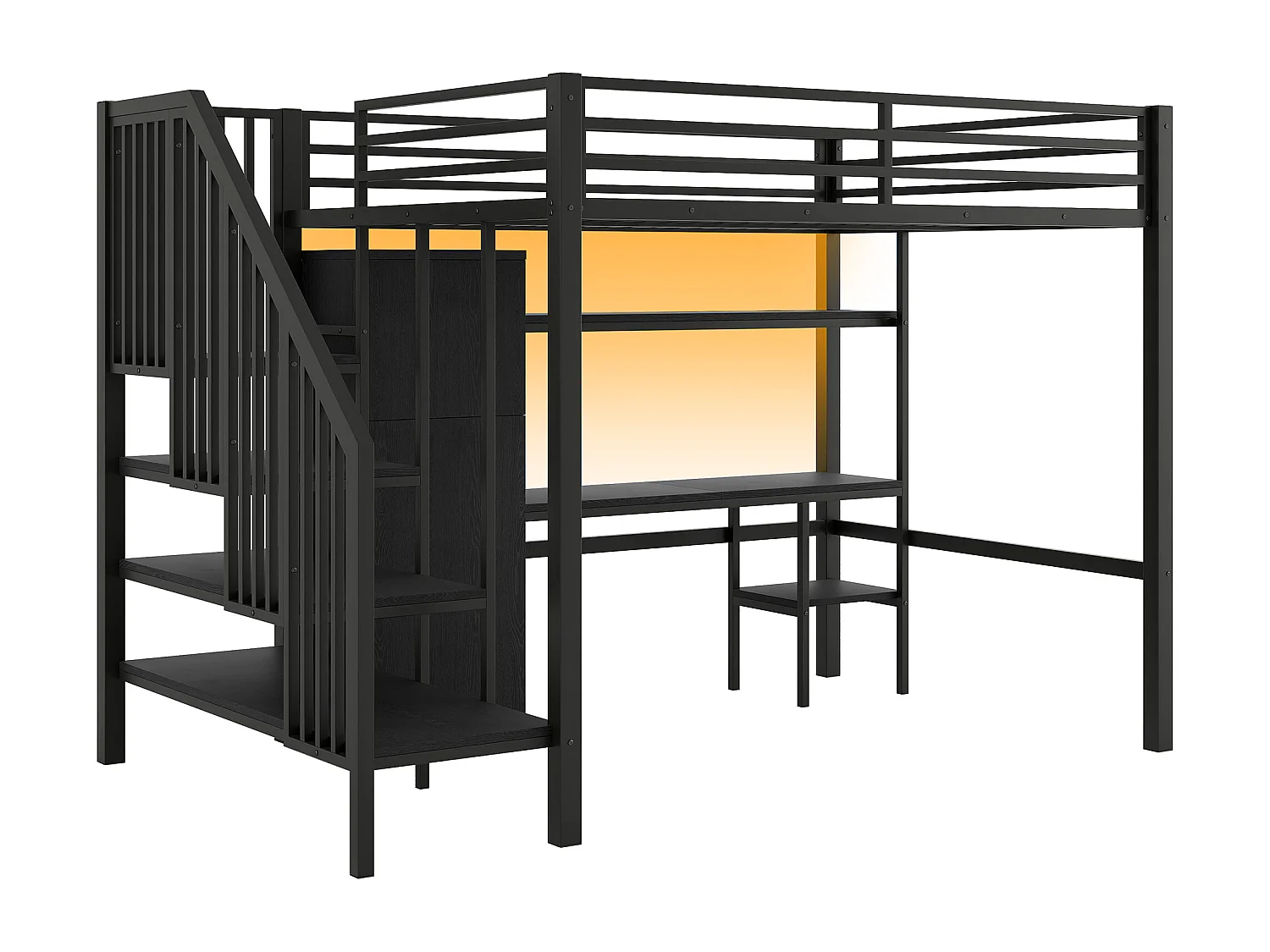 Letto mezzanina in metallo 140x200 cm - con scrivania e guardaroba - scala con contenitore - con illuminazione LED - Nero