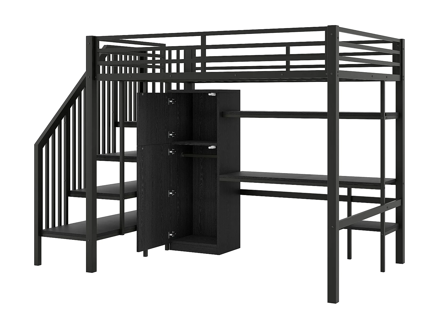 Letto mezzanina in metallo 140x200 cm - con scrivania e guardaroba - scala con contenitore - con illuminazione LED - Nero