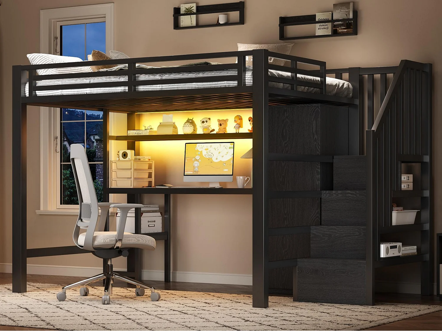 Lit mezzanine en métal 140x200 cm - avec bureau et penderie - escalier de rangement - avec éclairage LED - Noir