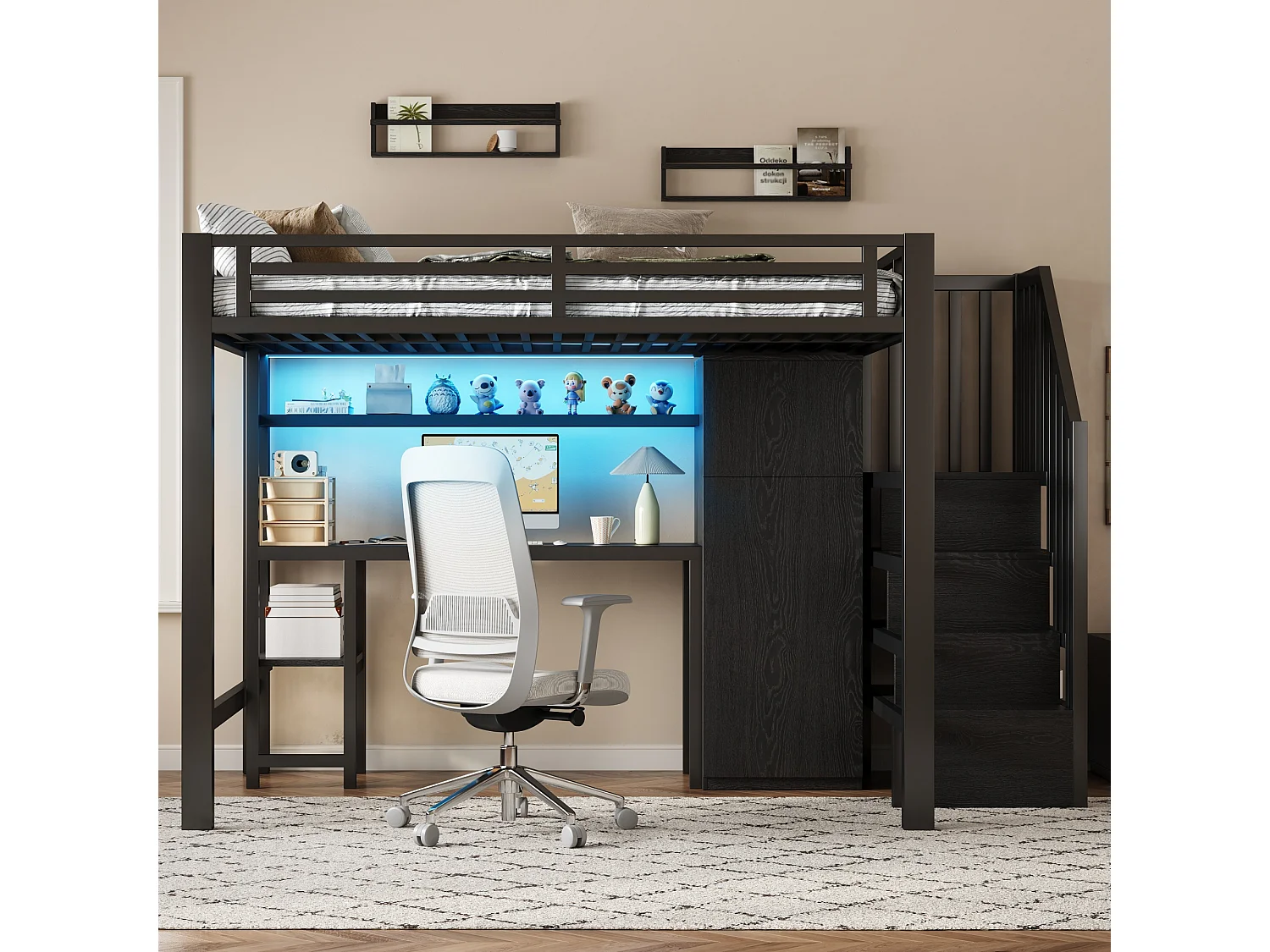 Lit mezzanine en métal 140x200 cm - avec bureau et penderie - escalier de rangement - avec éclairage LED - Noir