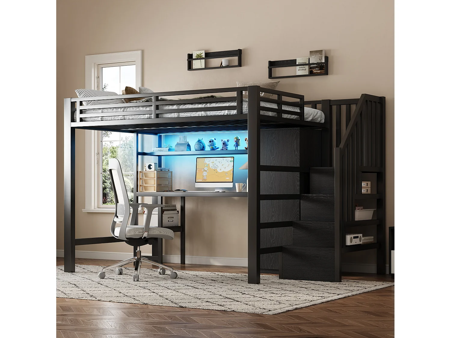 Lit mezzanine en métal 140x200 cm - avec bureau et penderie - escalier de rangement - avec éclairage LED - Noir