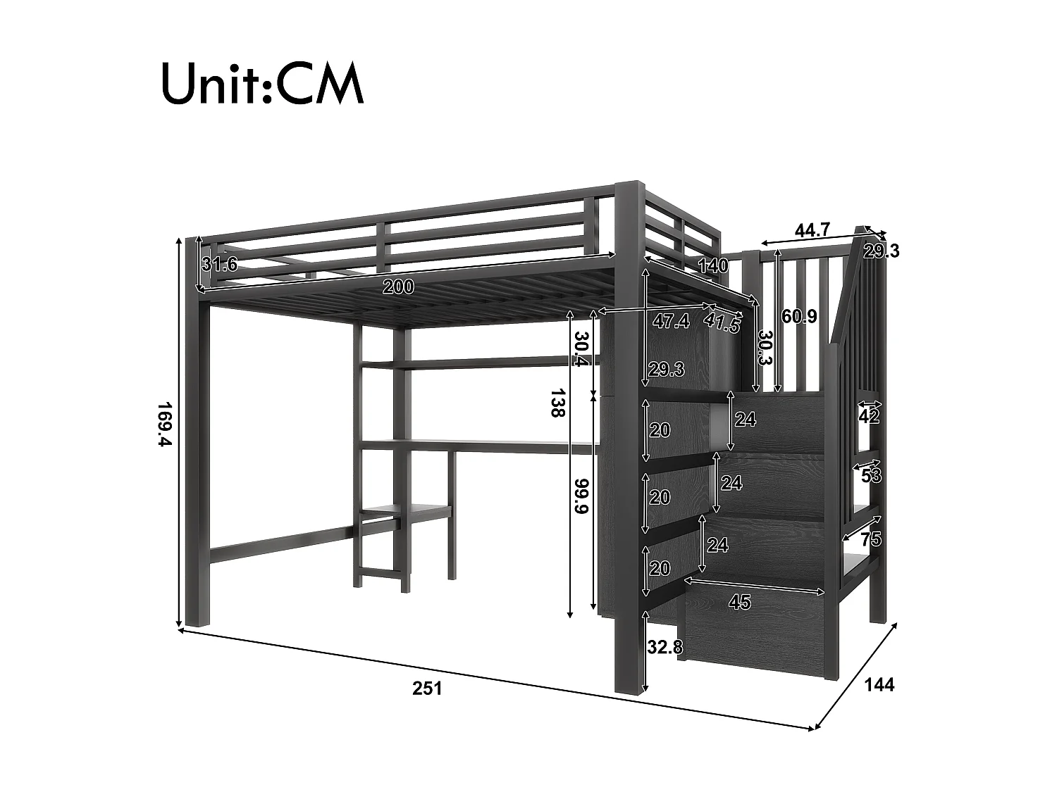 Lit mezzanine en métal 140x200 cm - avec bureau et penderie - escalier de rangement - avec éclairage LED - Noir