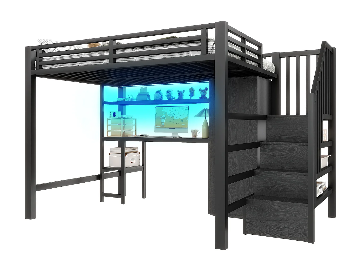 Lit mezzanine en métal 140x200 cm - avec bureau et penderie - escalier de rangement - avec éclairage LED - Noir