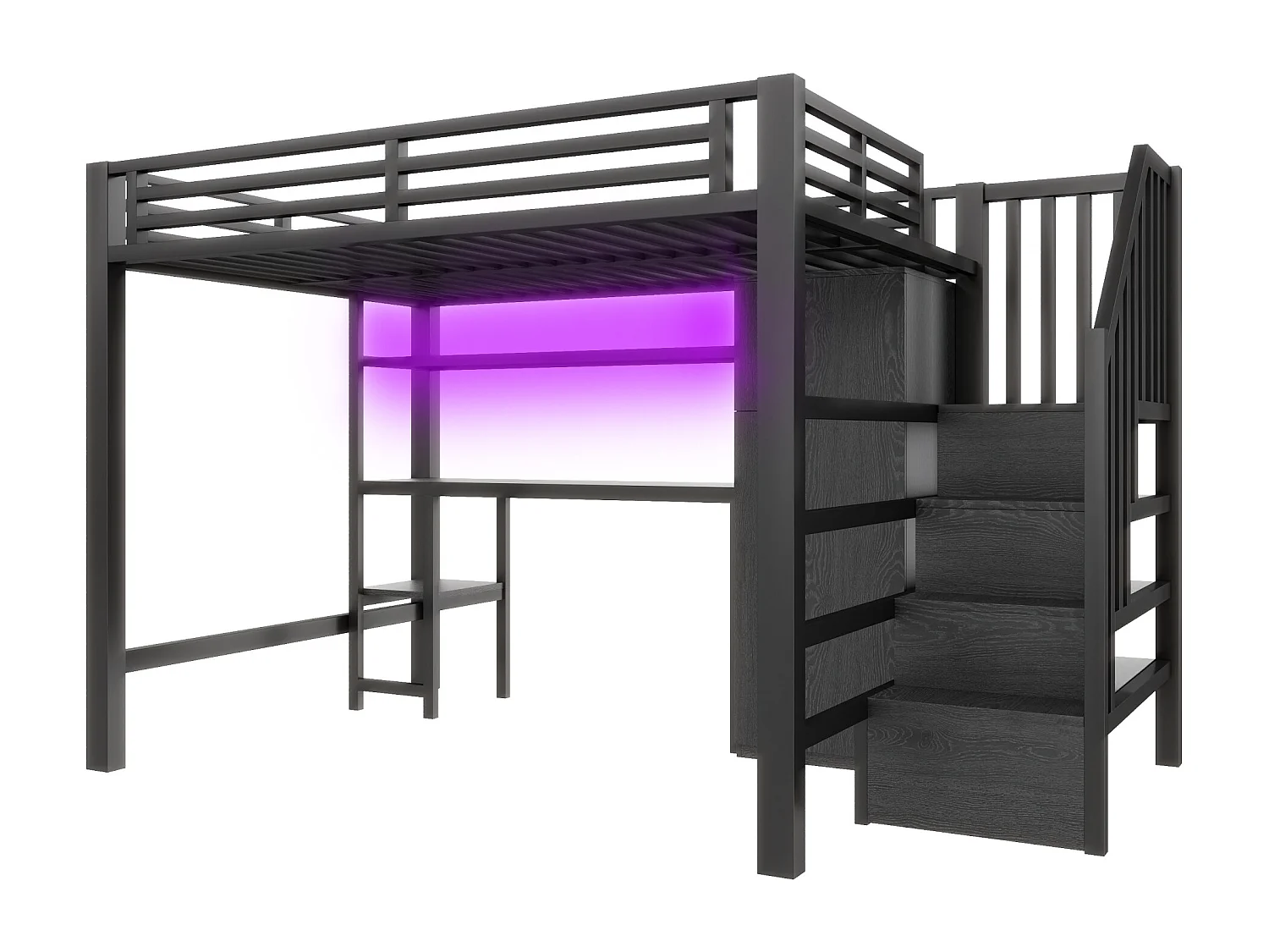 Lit mezzanine en métal 140x200 cm - avec bureau et penderie - escalier de rangement - avec éclairage LED - Noir