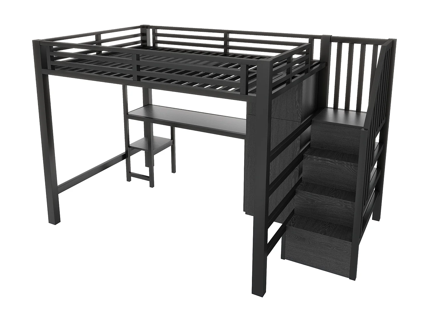 Lit mezzanine en métal 140x200 cm - avec bureau et penderie - escalier de rangement - avec éclairage LED - Noir