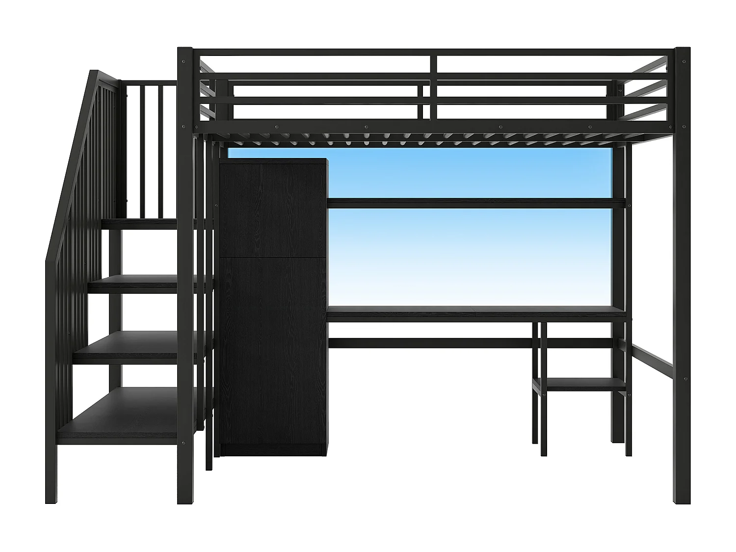 Letto mezzanina in metallo 140x200 cm - con scrivania e guardaroba - scala con contenitore - con illuminazione LED - Nero