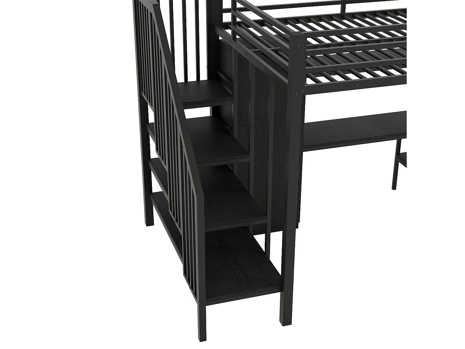 Letto mezzanina in metallo 140x200 cm - con scrivania e guardaroba - scala con contenitore - con illuminazione LED - Nero