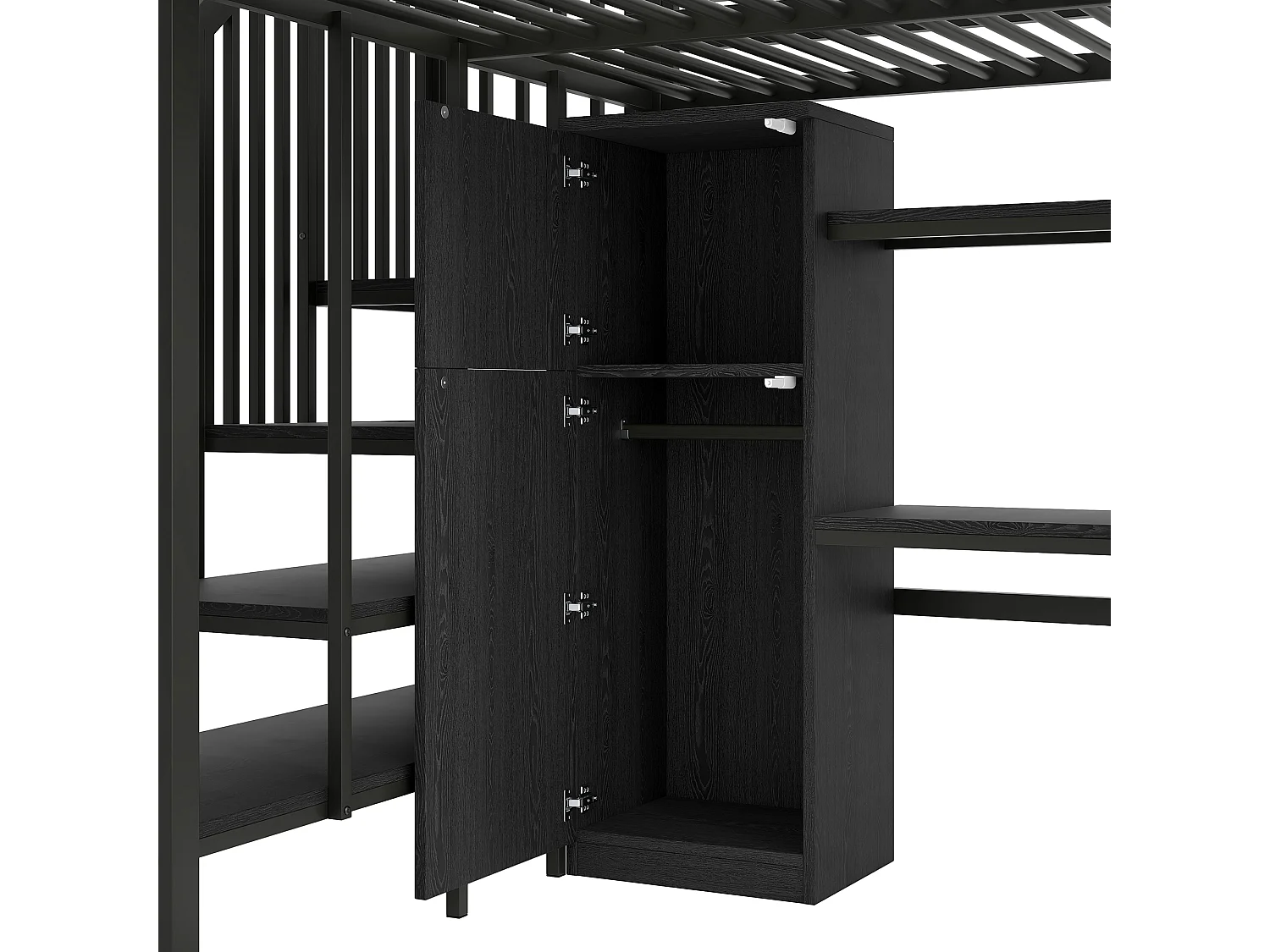 Letto mezzanina in metallo 140x200 cm - con scrivania e guardaroba - scala con contenitore - con illuminazione LED - Nero