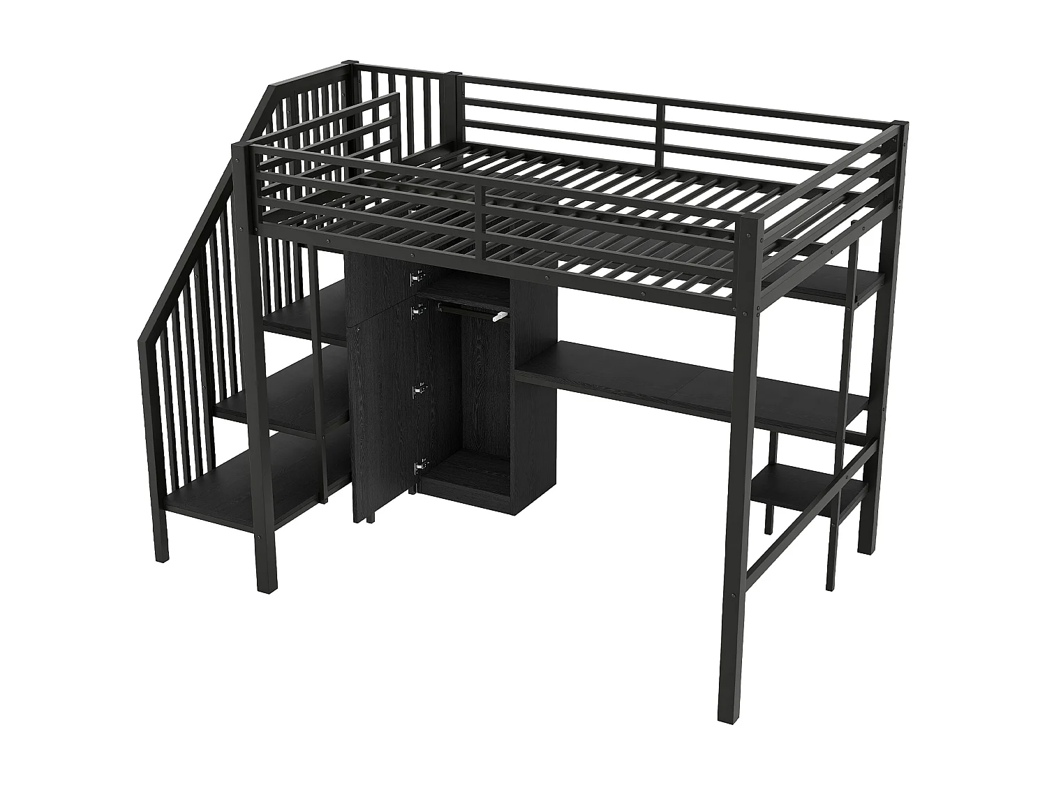 Letto mezzanina in metallo 140x200 cm - con scrivania e guardaroba - scala con contenitore - con illuminazione LED - Nero