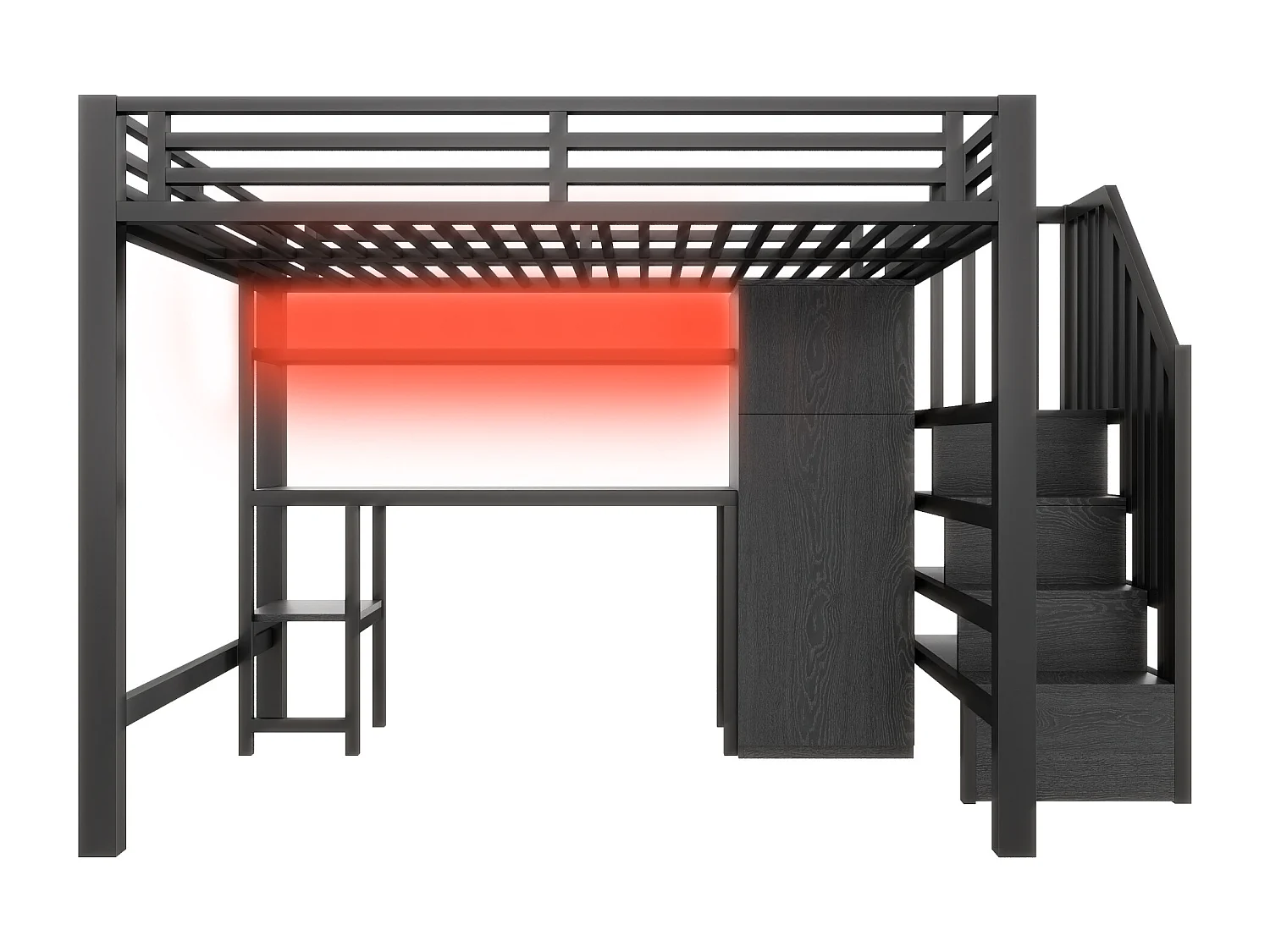 Lit mezzanine en métal 140x200 cm - avec bureau et penderie - escalier de rangement - avec éclairage LED - Noir