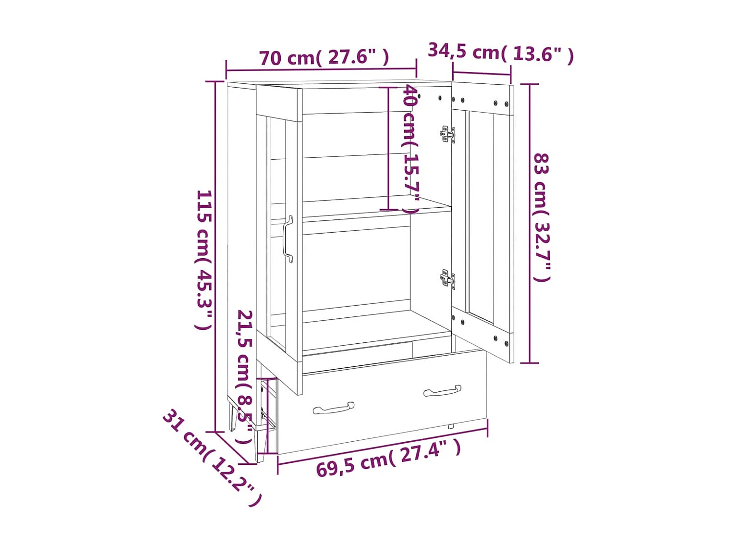Buffet haut Gris béton 70x31x115 cm Bois d'ingénierie
