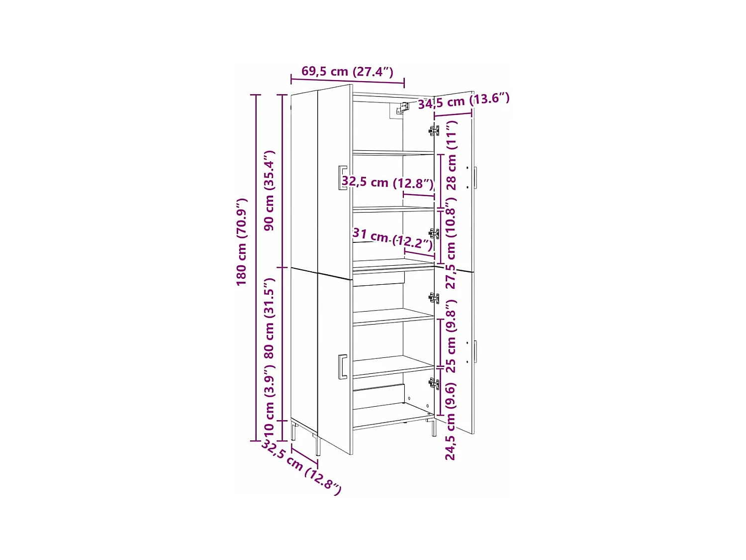 Haut Armoire chêne artisanal 69,5 x 34 x 180 cm