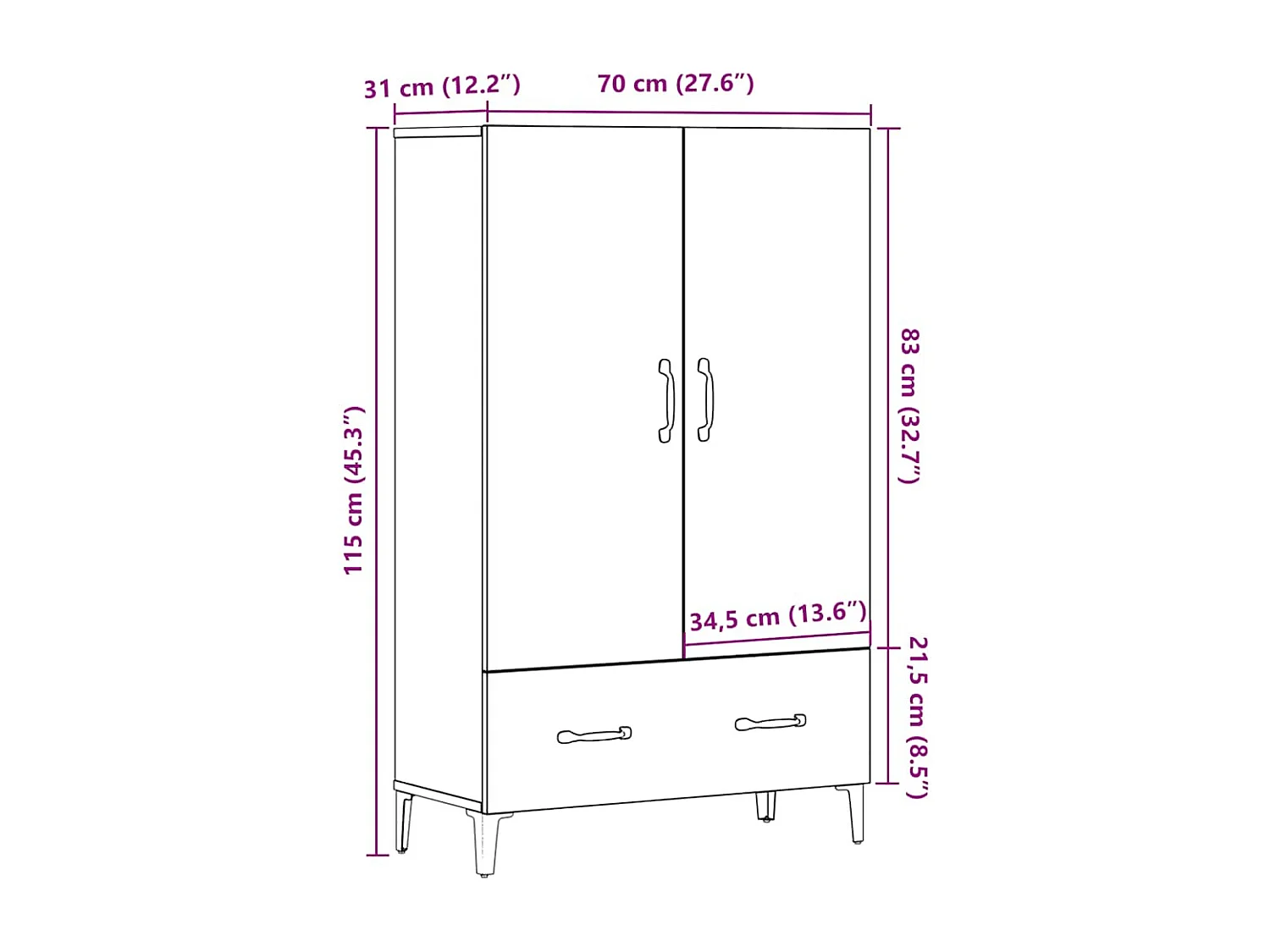 Hoge dressoir oud hout 70x31x115 cm bewerkt hout