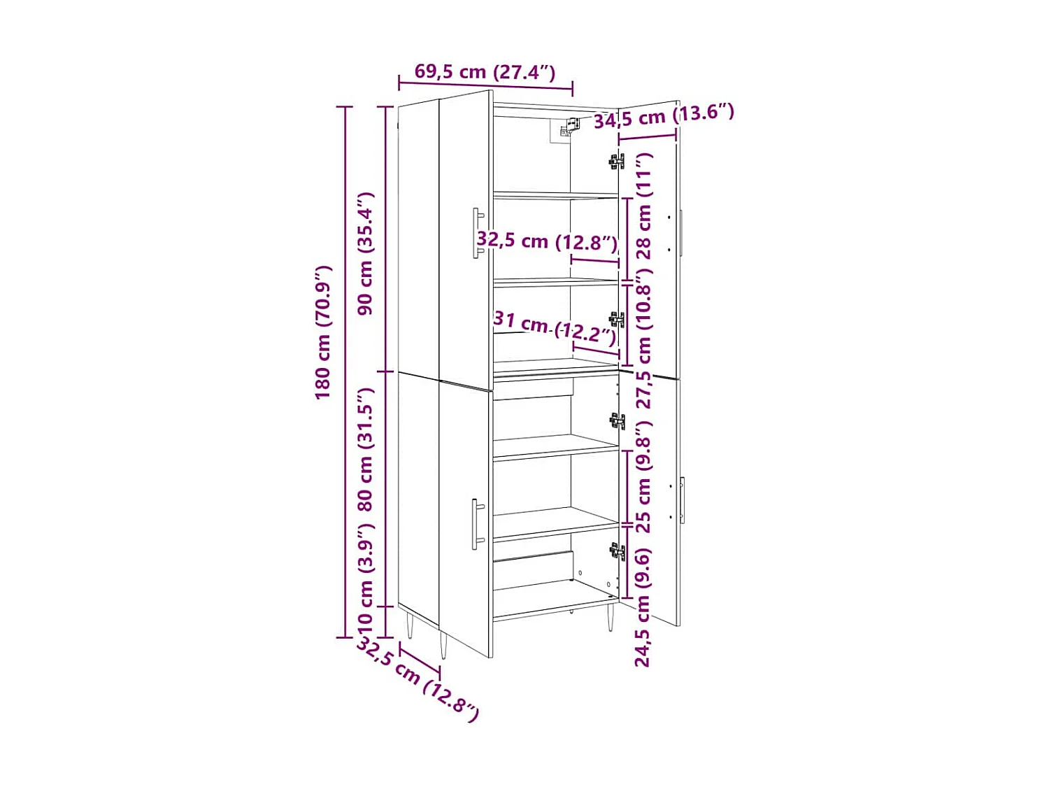 Mueble alto en roble trabajado a mano 69,5 x 34 x 180 cm