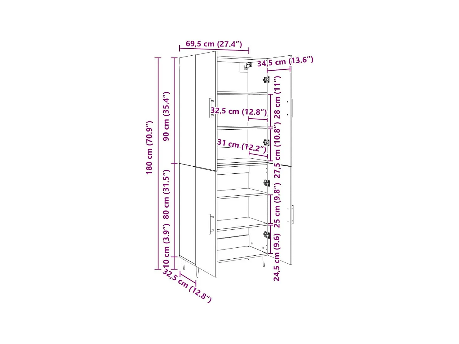Mueble alto en roble trabajado a mano 69,5 x 34 x 180 cm
