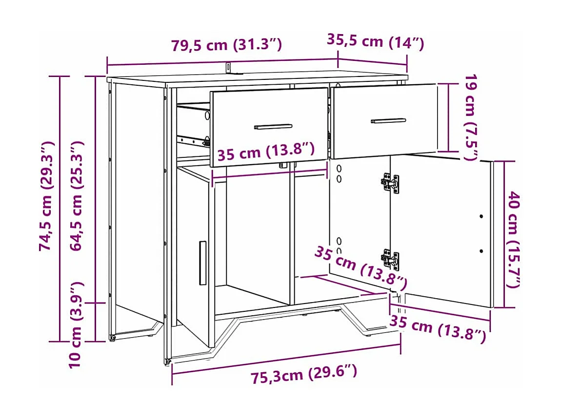 Credenza in rovere realizzata a mano 79,5 x 35,5 x 74,5 cm Legno ingegnerizzato