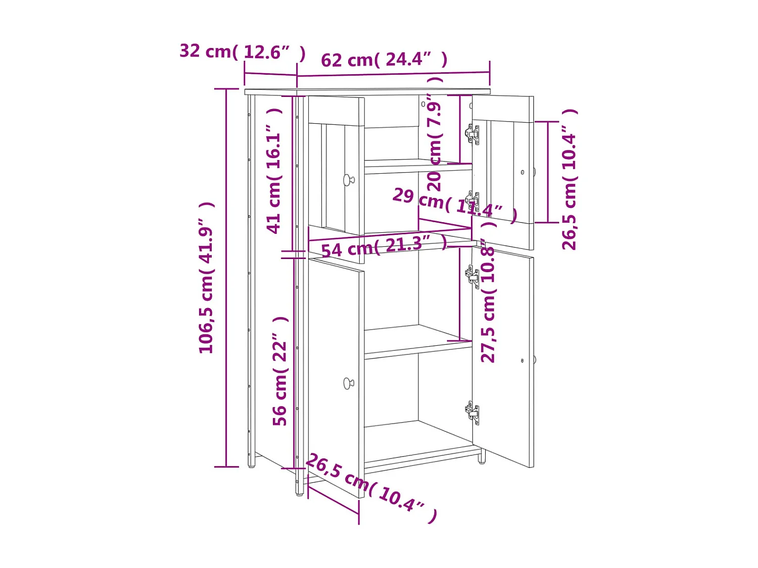 Hoog dressoir gerookt eiken 62x32x106,5 cm bewerkt hout