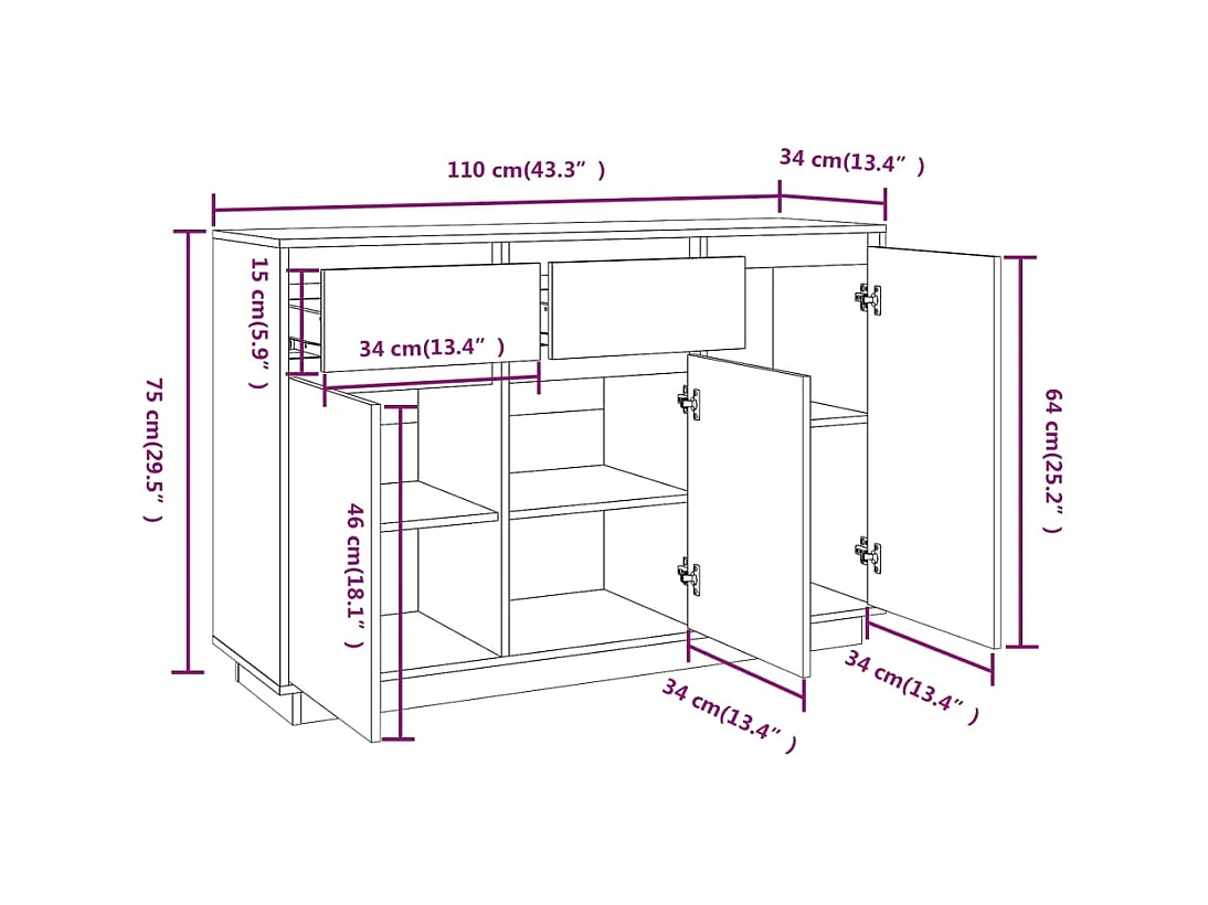 Buffet blanc 110x34x75 cm bois massif de pin