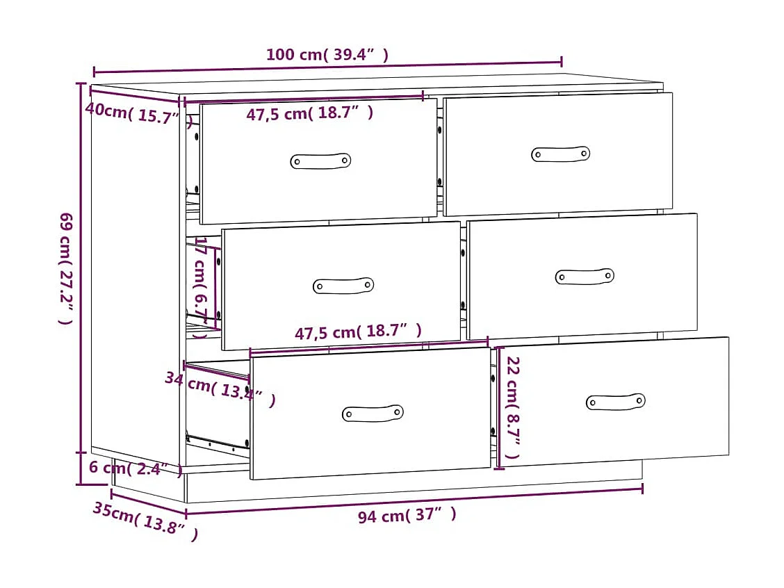 Buffet Noir 100x40x75 cm Bois massif de pin