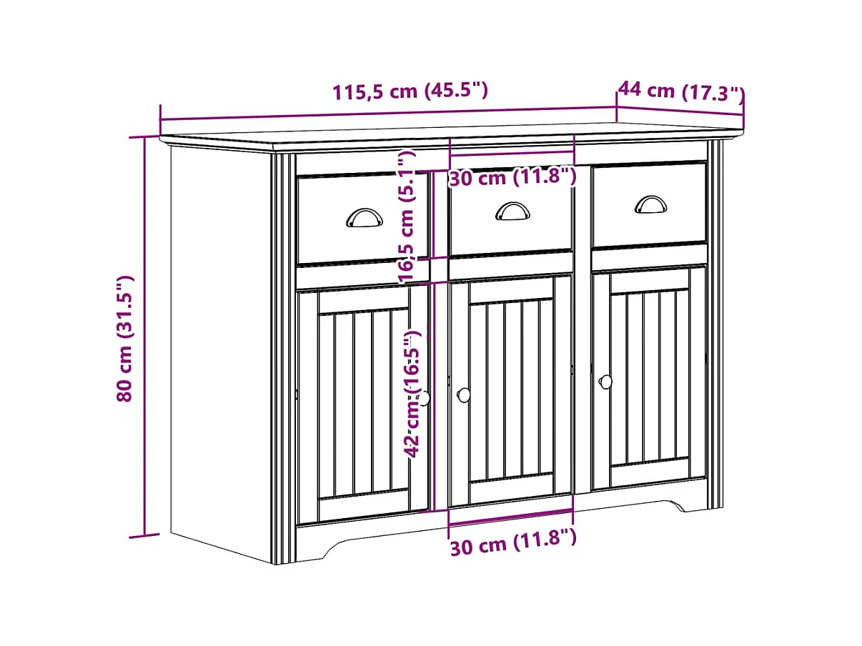 Buffet BODO gris 115,5x44x80 cm bois massif de pin