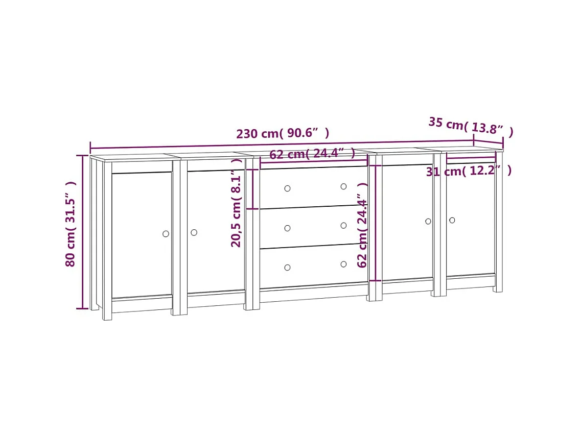 Credenza 230x35x80 cm Legno massello di pino