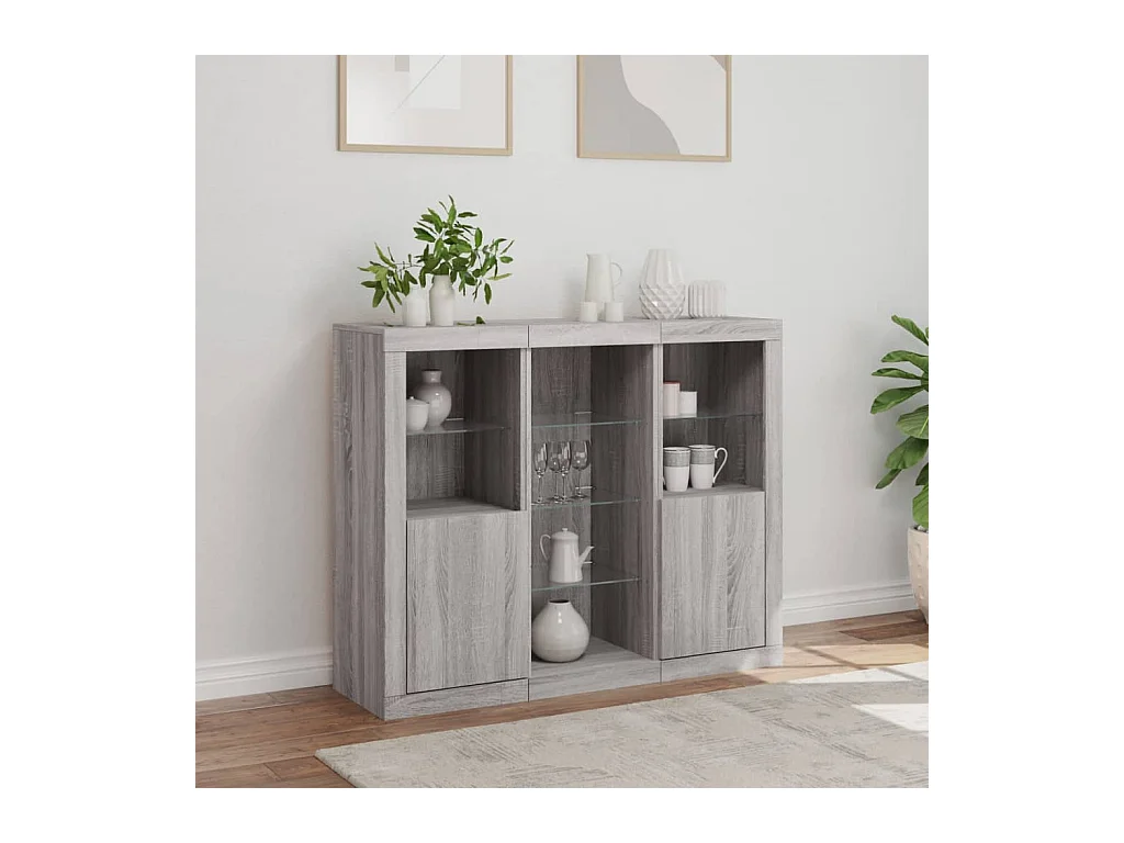 Buffets avec lumières LED 3 pcs sonoma gris bois d'ingénierie