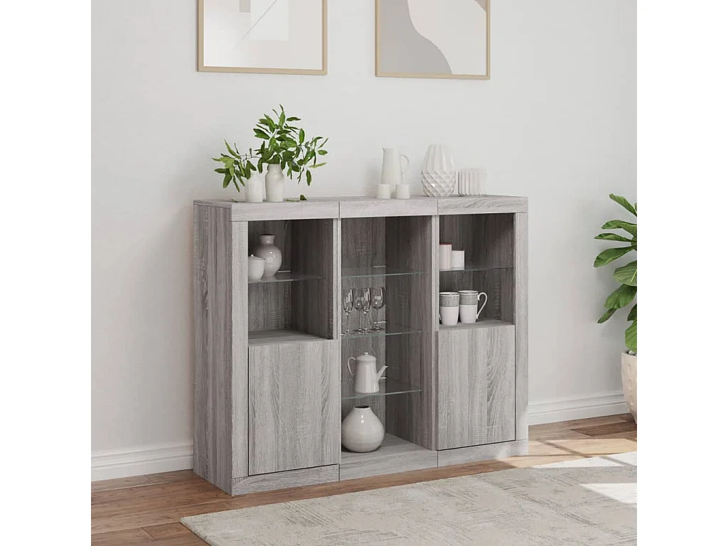 Buffets avec lumières LED 3 pcs sonoma gris bois d'ingénierie
