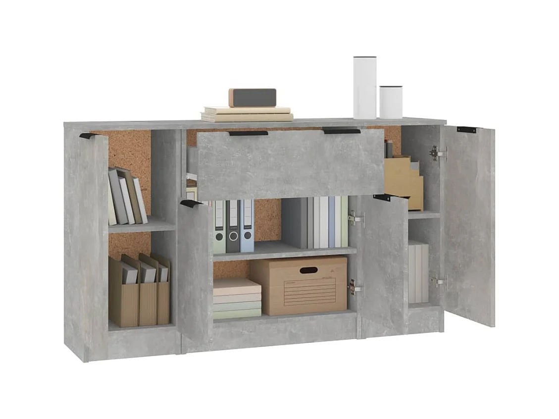 credenze a 3 pezzi, grigio cemento, legno ingegnerizzato