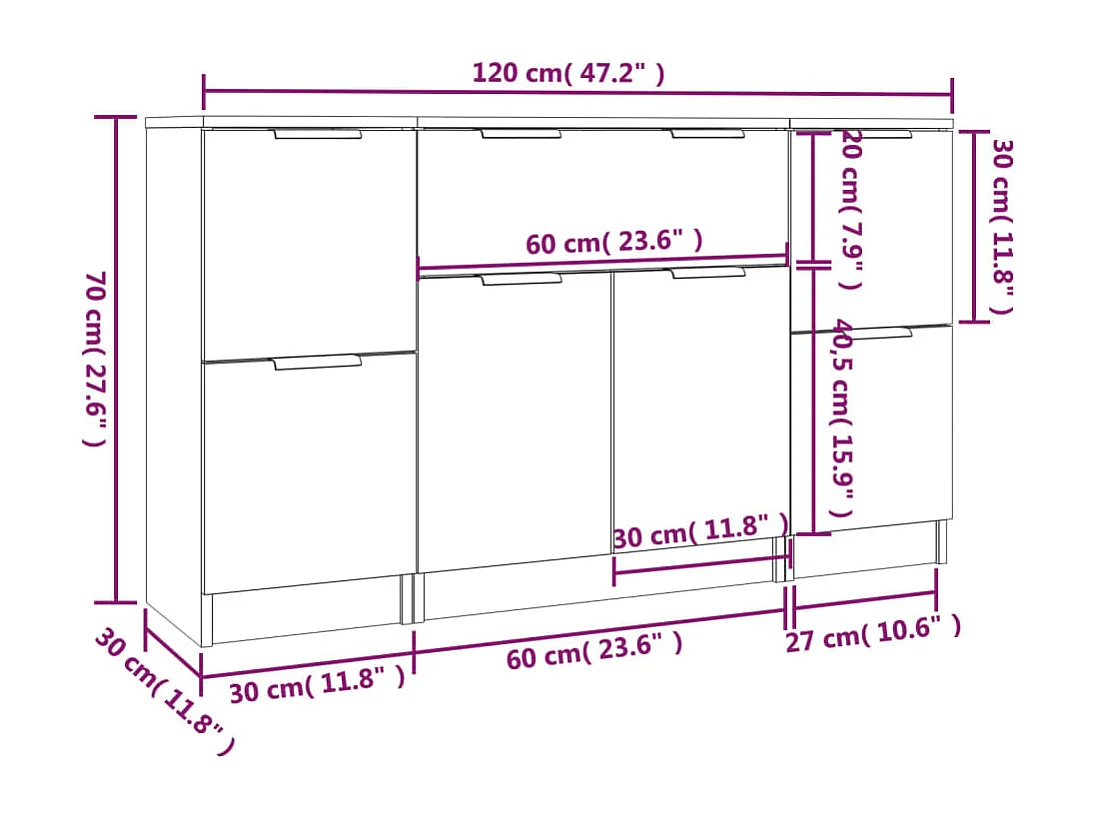 credenze a 3 pezzi, grigio cemento, legno ingegnerizzato