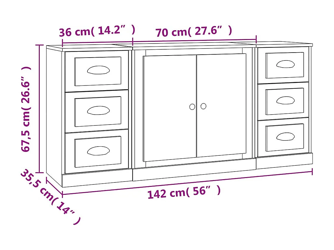 Buffets 3 pcs Sonoma gris Bois d'ingénierie