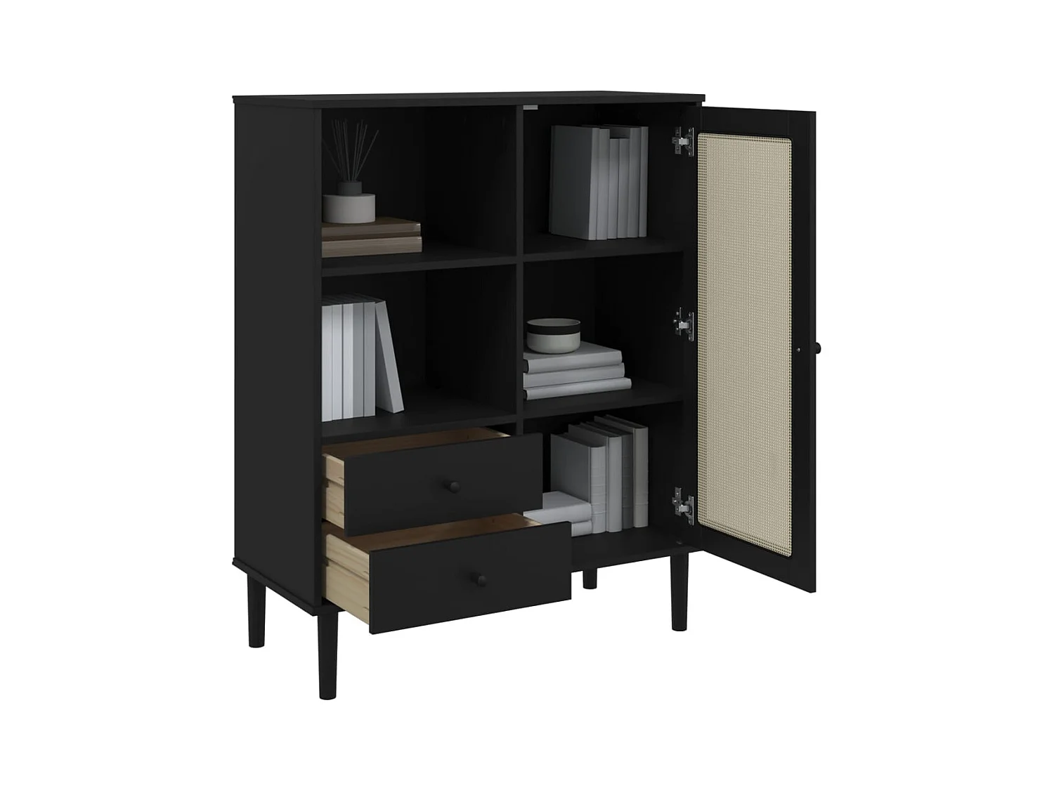 Buffet SENJA aspect rotin noir 90x40x112cm bois massif de pin