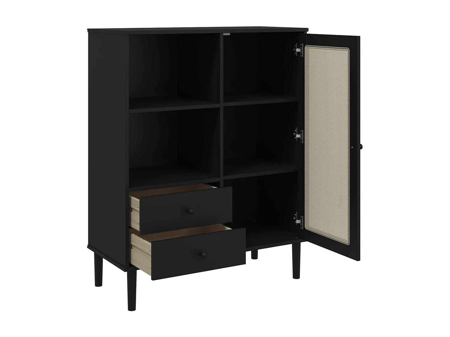 Buffet SENJA aspect rotin noir 90x40x112cm bois massif de pin