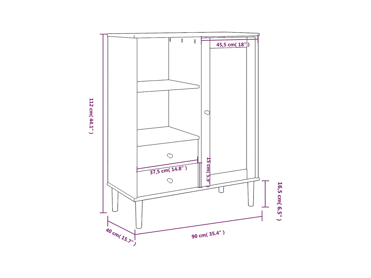 SENJA dressoir in zwarte rotanlook 90x40x112cm massief grenenhout